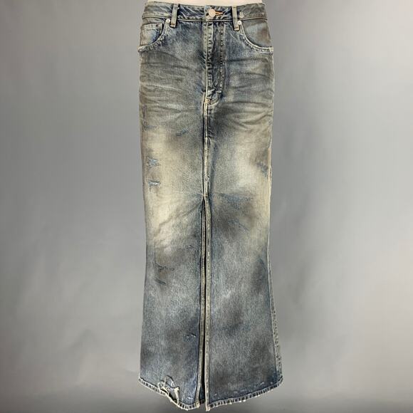 BALENCIAGA Size 6 Blue Grey Cotton Distressed Pencil Long Skirt - Picture 1 of 7